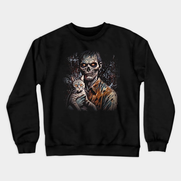 Cataclysm - Apocalyptic Companion - Zombie and Cat Artwork Crewneck Sweatshirt by Skull Riffs & Zombie Threads